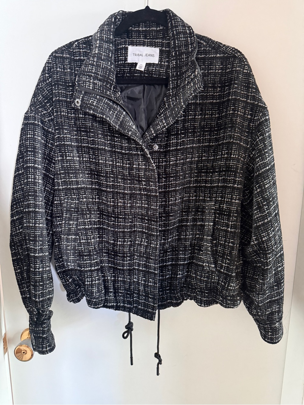 Tribal Jeans Black White Tweed Moto Jacket Size L Oversized Textured